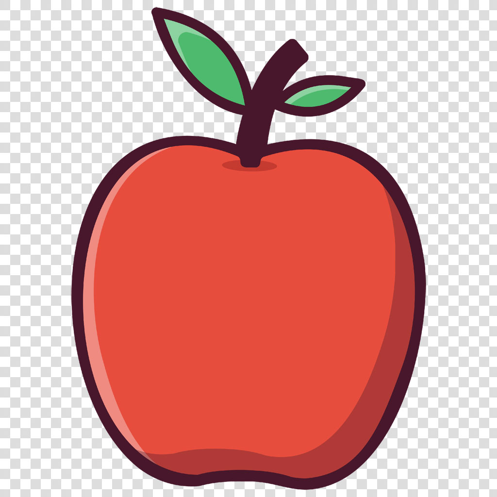 A cartoon-style red apple with a stem and two green leaves