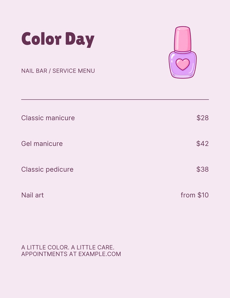 Preview for Color Day Nail Bar Letter Menu / Price List Template