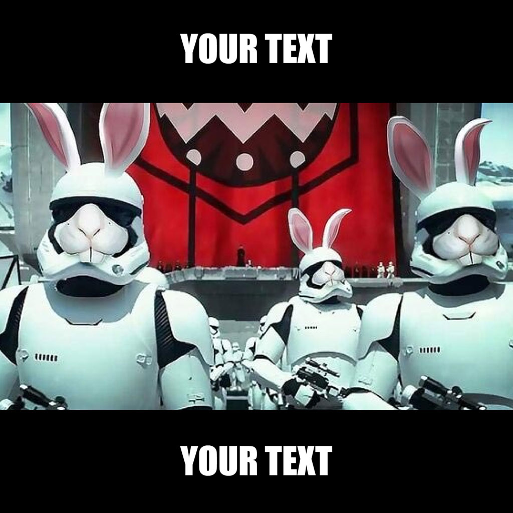 Three stormtroopers with bunny ears and helmets standing in front of a red banner