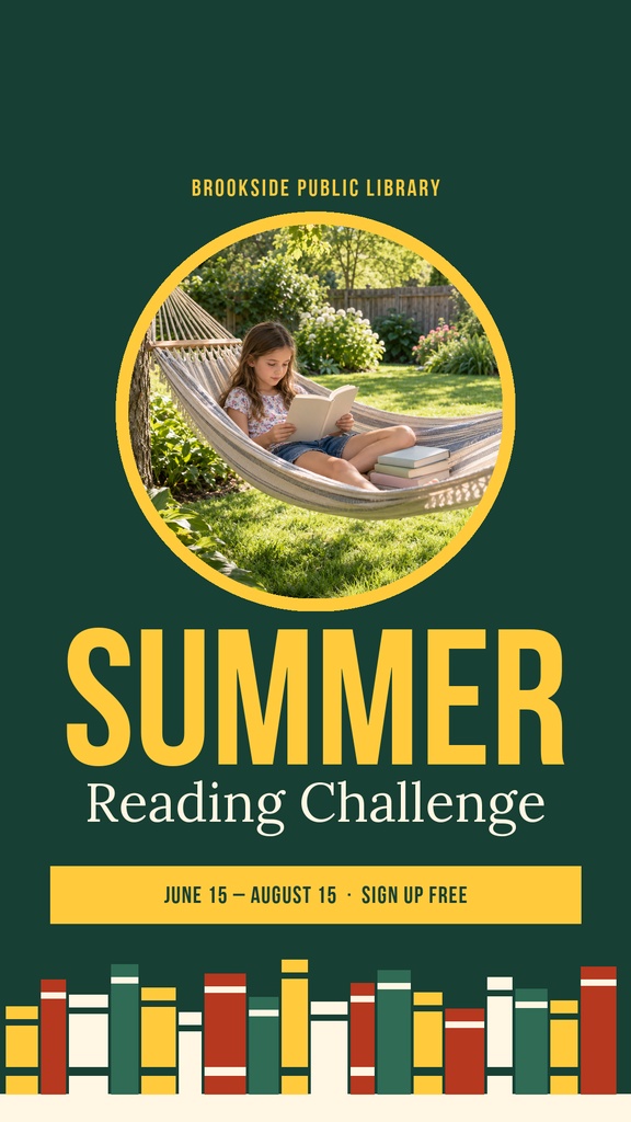 Library summer reading challenge story template with a child reading in a hammock and book spines along the bottom