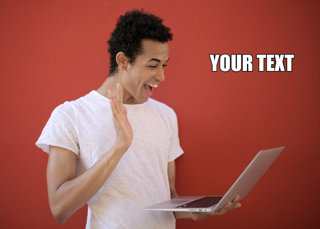 Man in white t-shirt holding laptop and reacting with surprise