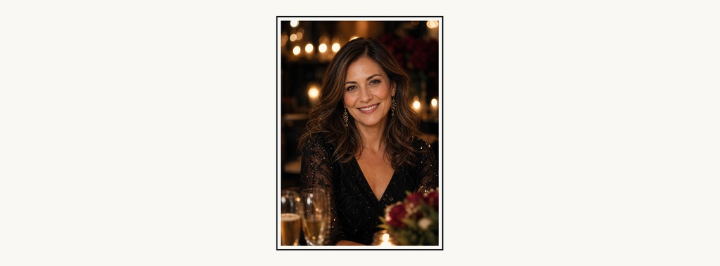 Elegant portrait of a smiling woman in a black dress with warm party lights behind her