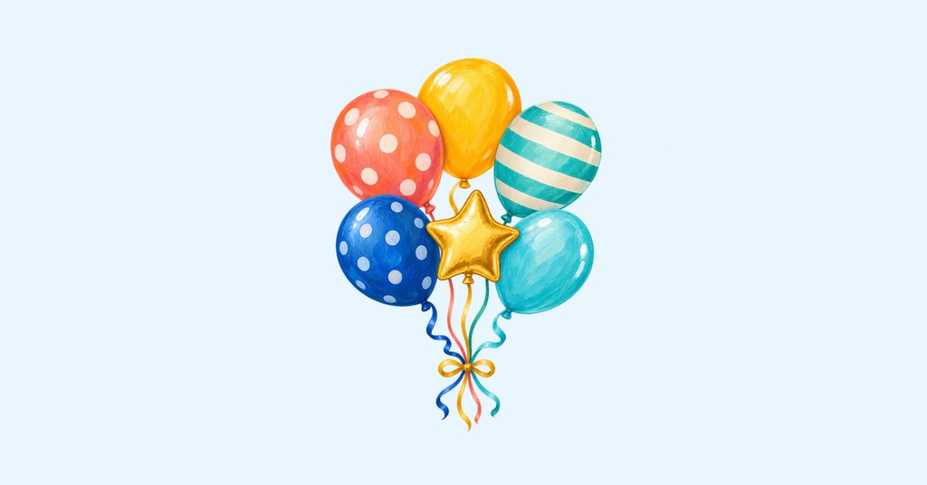 Colorful balloons and a gold star on a light blue background
