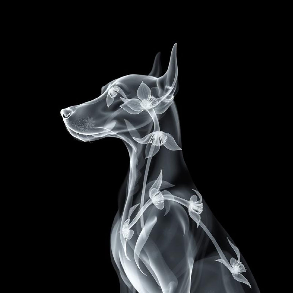 X-ray image of a Doberman Pinscher with flowers and leaves integrated into its body