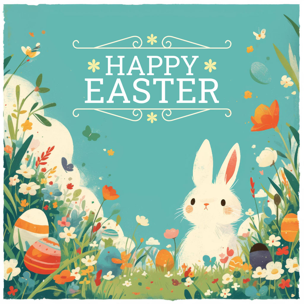 Illustration of a white bunny surrounded by Easter eggs and flowers
