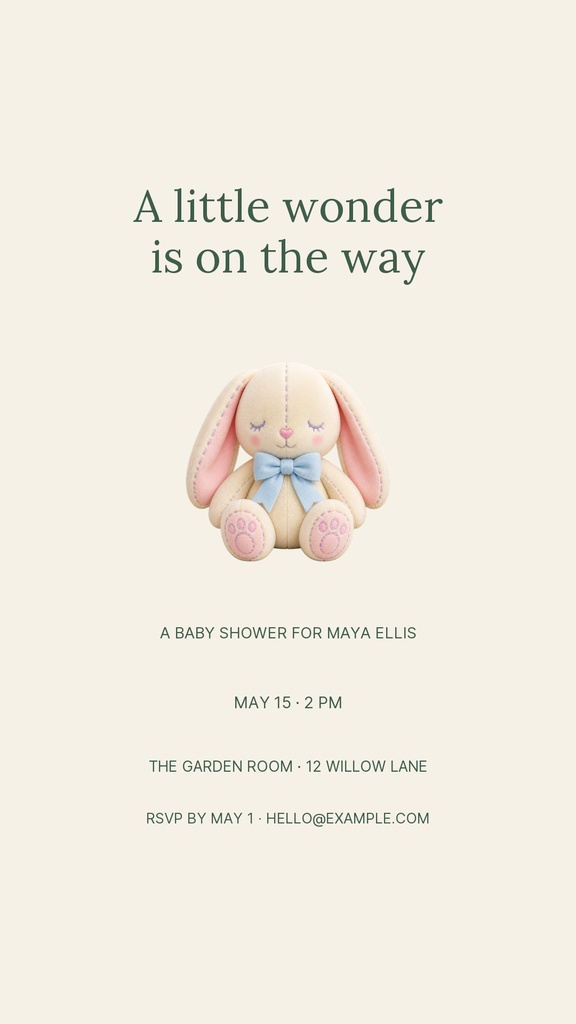 Beige baby shower story design with a plush bunny and centered event details.