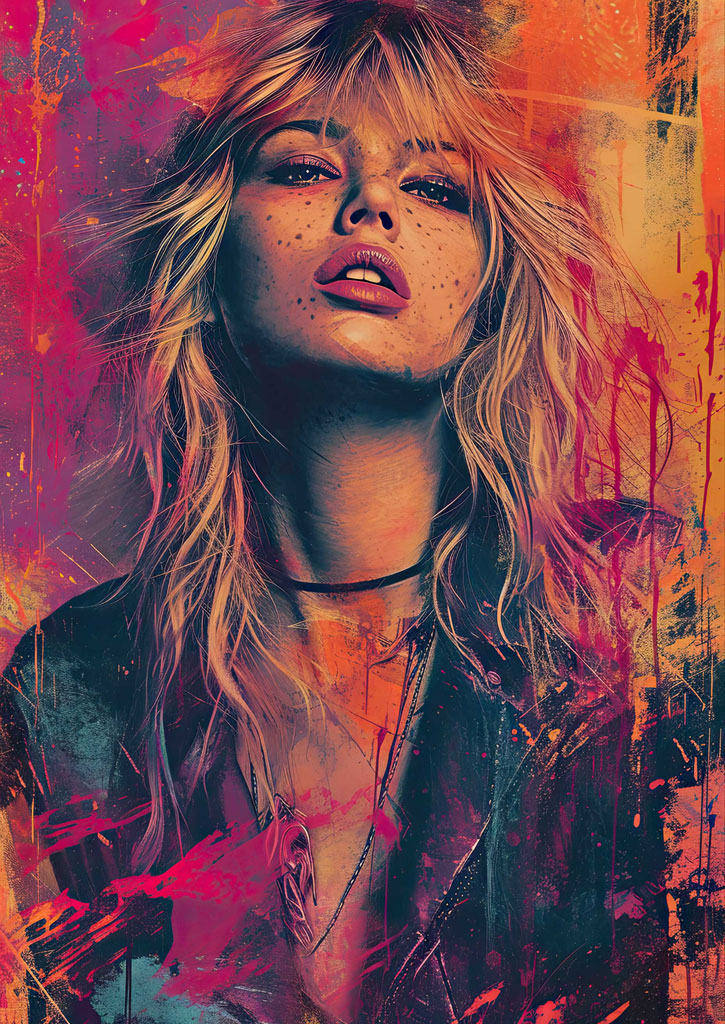 A young woman with long blonde hair and freckles, wearing a black leather jacket and choker.