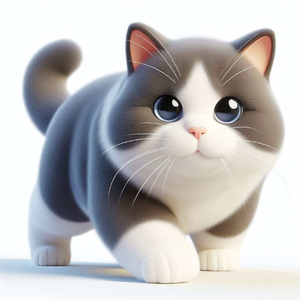 A cartoon cat with large green eyes and orange ears sitting on a white background