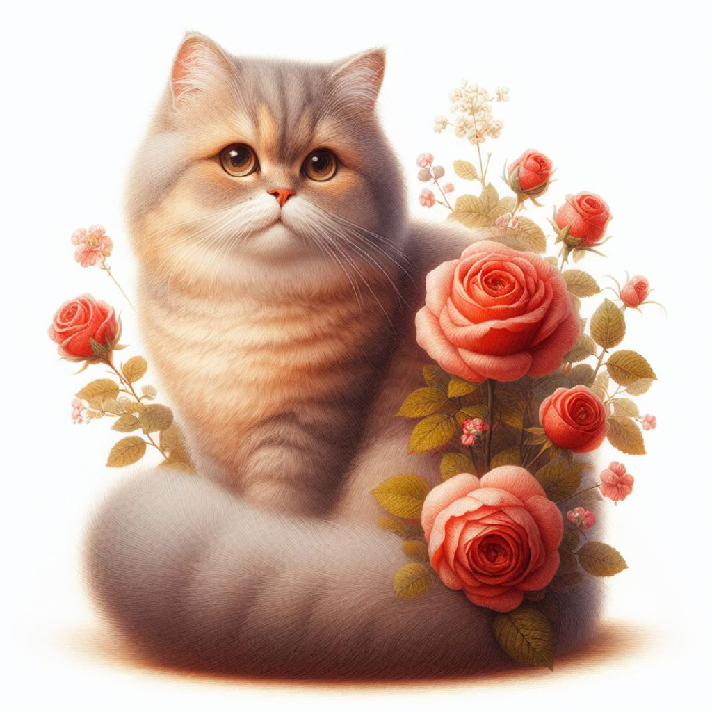 Illustration of an orange tabby cat with a gold necklace surrounded by pink roses