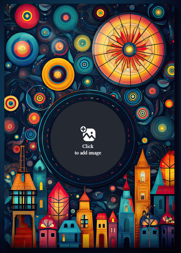 A family of three smiling together in a circular frame, set against a vibrant background with abstract shapes and buildings.