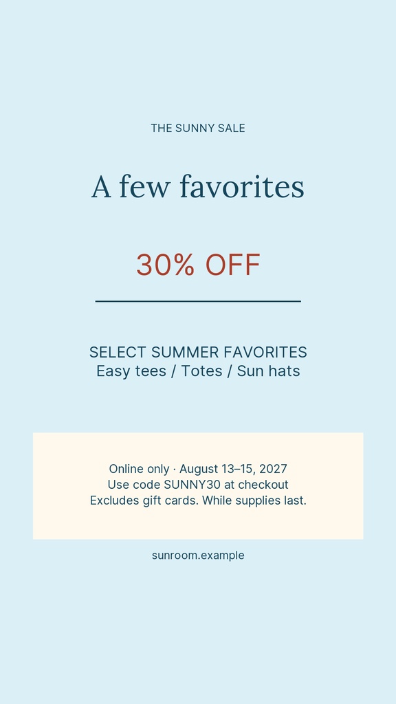 Light blue Instagram story template with Sunny Sale, 30% off, and summer favorites text
