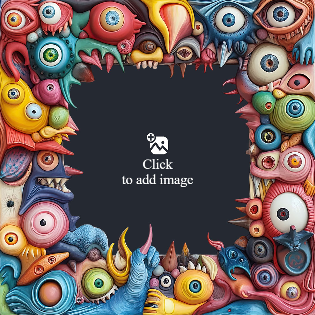 A digital artwork featuring a border of various colorful eyes and abstract shapes around a dark center.