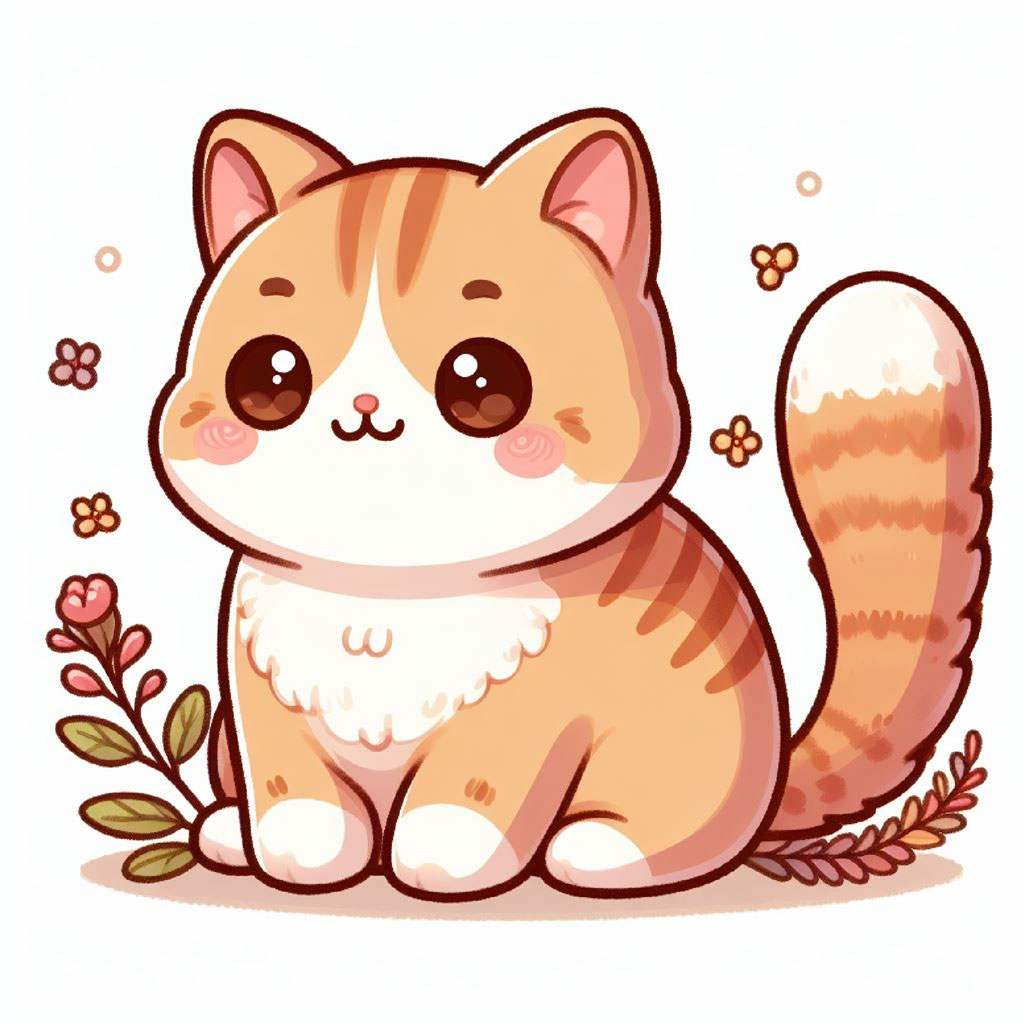 Cartoon cat with orange and white fur, red collar, and blue tag