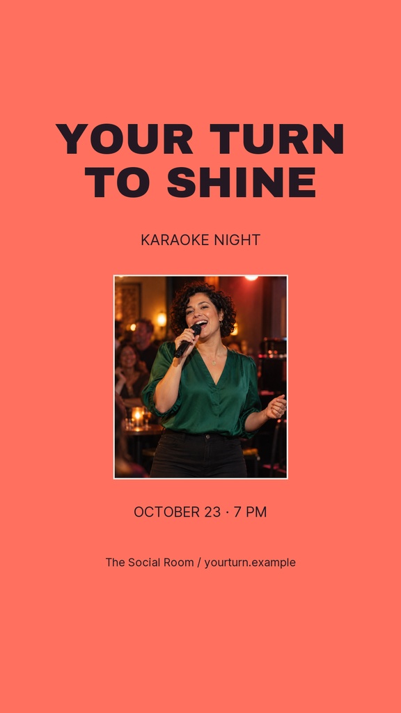 Coral Instagram story with bold text, a singer photo, and karaoke night details.
