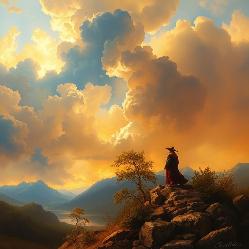 A person in a red robe and hat stands on a rocky outcrop, gazing out at a mountainous landscape under a dramatic sky with large clouds.