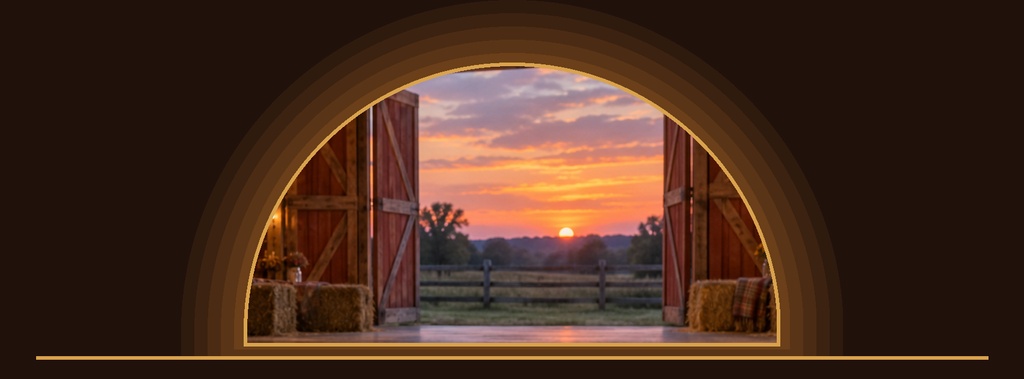 Barn interior with an arched opening framing a sunset over a field.