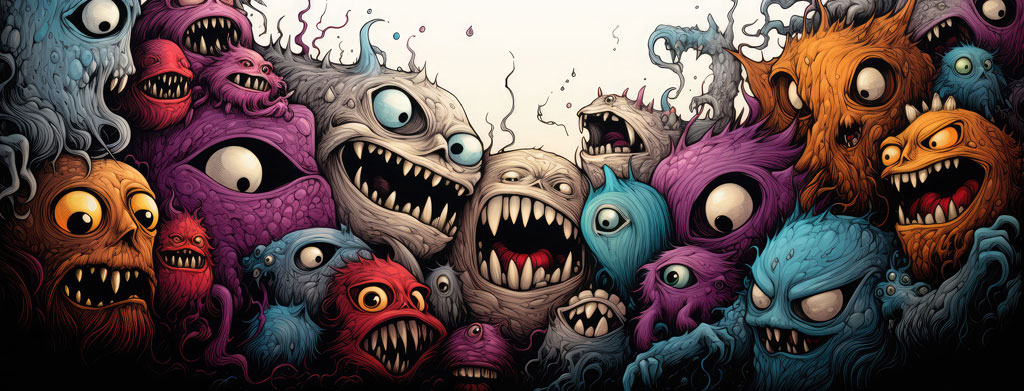 A group of colorful cartoon monsters with sharp teeth and menacing eyes