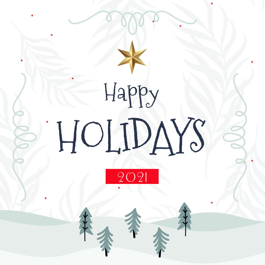 Happy Holidays 2021 greeting card with a winter landscape