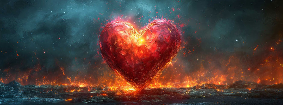 A large, red heart is ablaze, surrounded by flames and smoke.