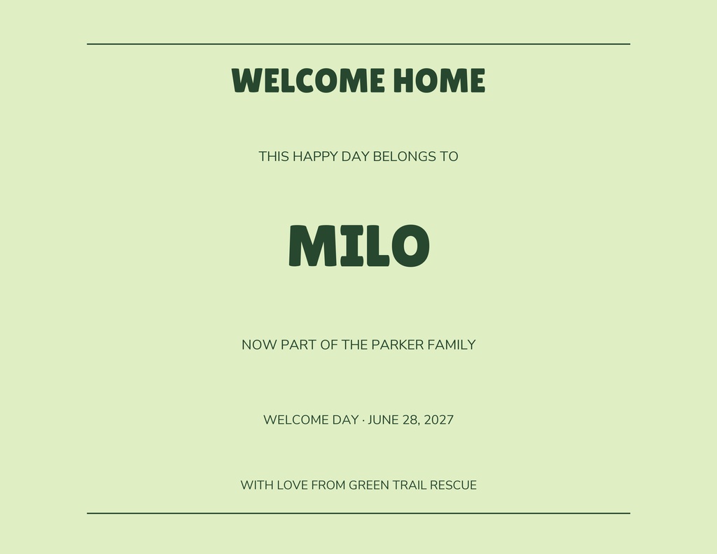 Preview for Milo Finds Home Keepsake Certificate Template