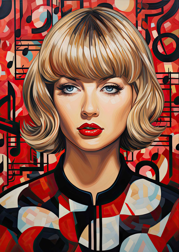 Taylor Swift portrait with abstract red background