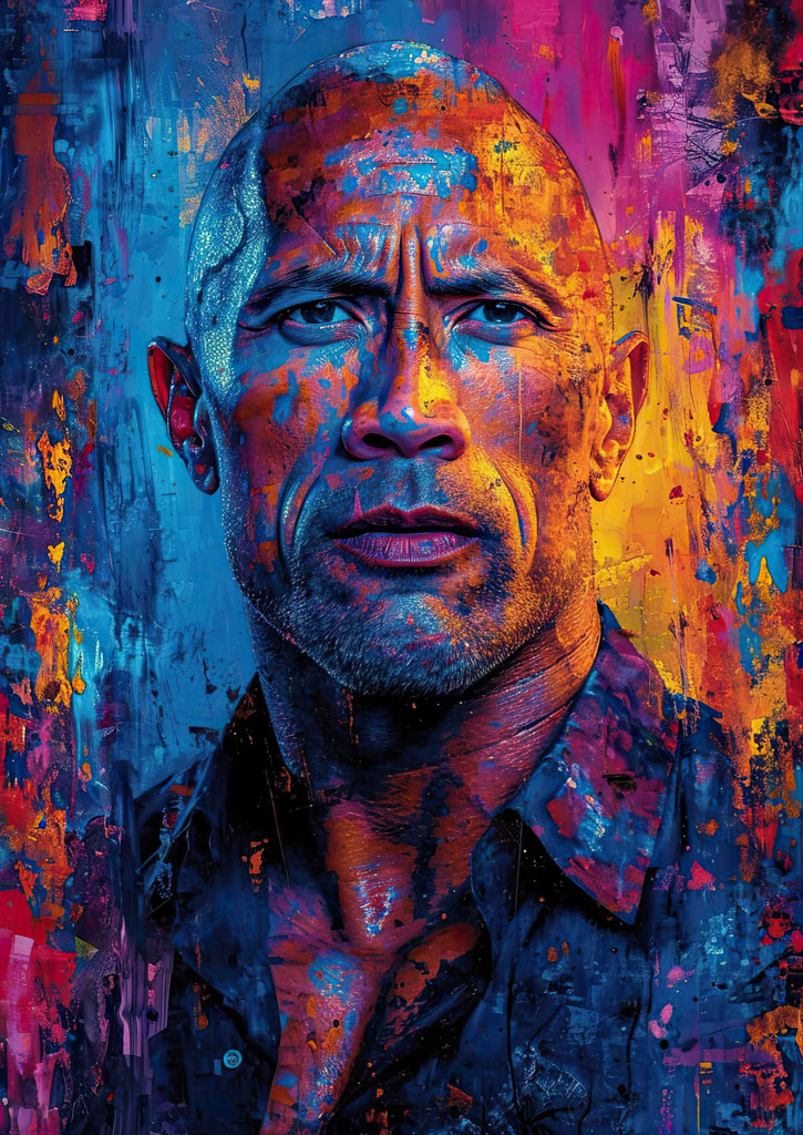 A vibrant, abstract portrait of an older man with a mix of blue, red, and yellow hues.