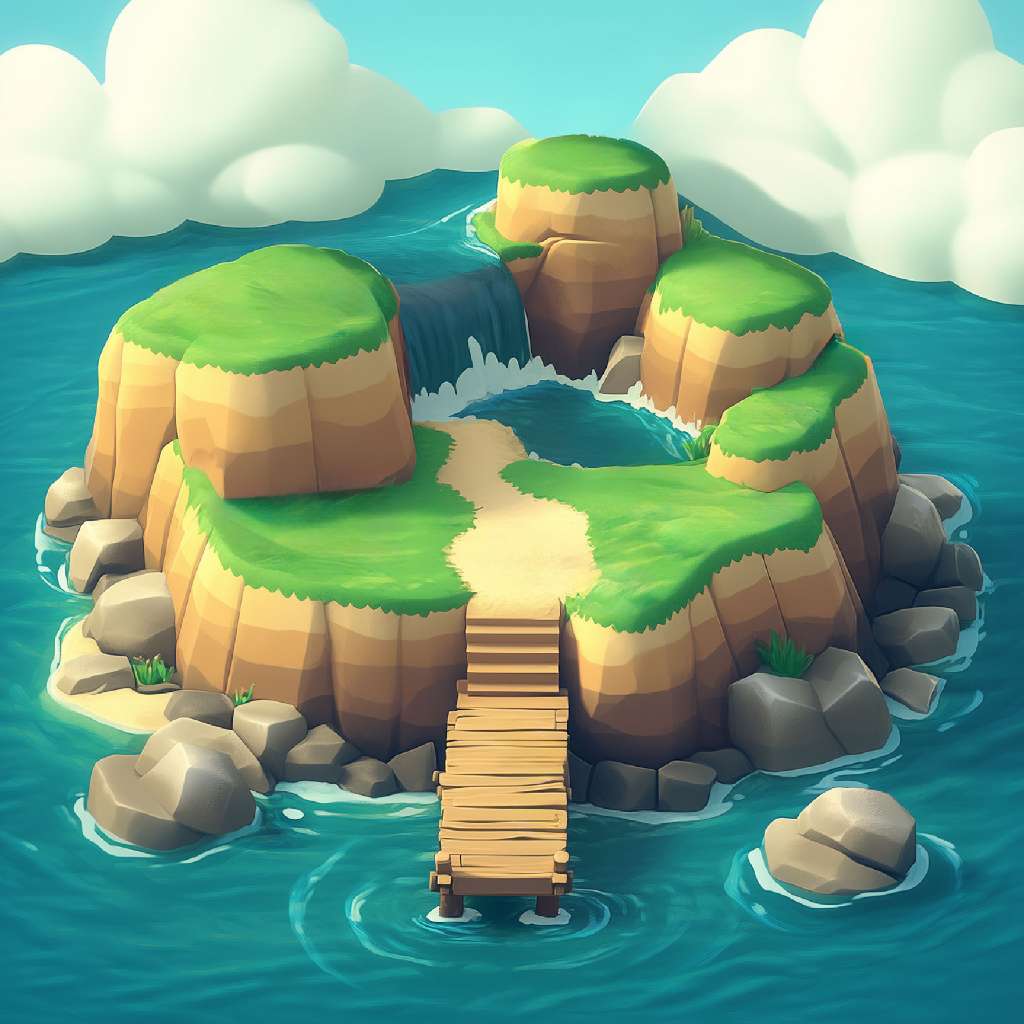 A cartoon island with a wooden dock and waterfall