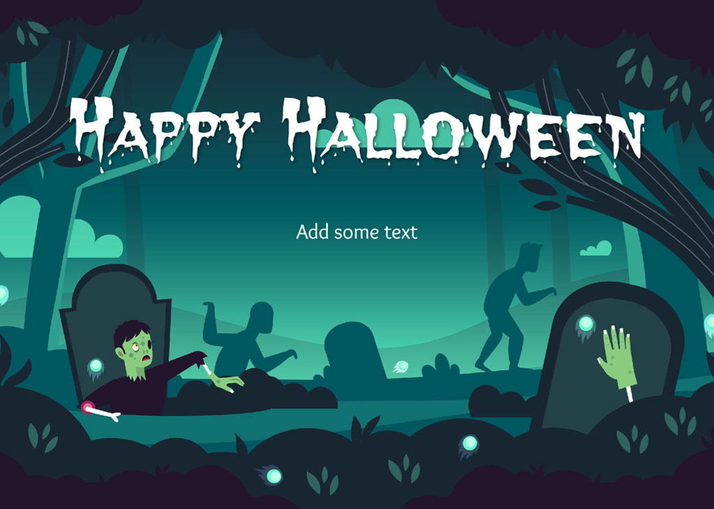 Cartoon zombies rising from tombstones on a dark Halloween night