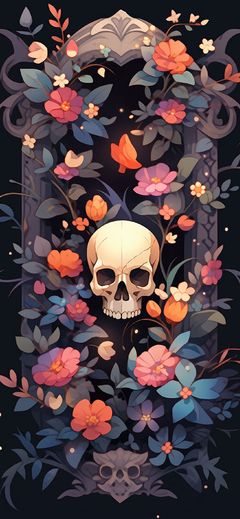 Skull surrounded by colorful flowers and leaves