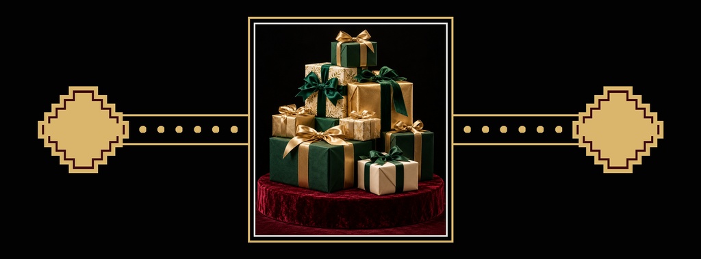 Black and gold page cover with wrapped gift boxes on a red velvet base and decorative borders.