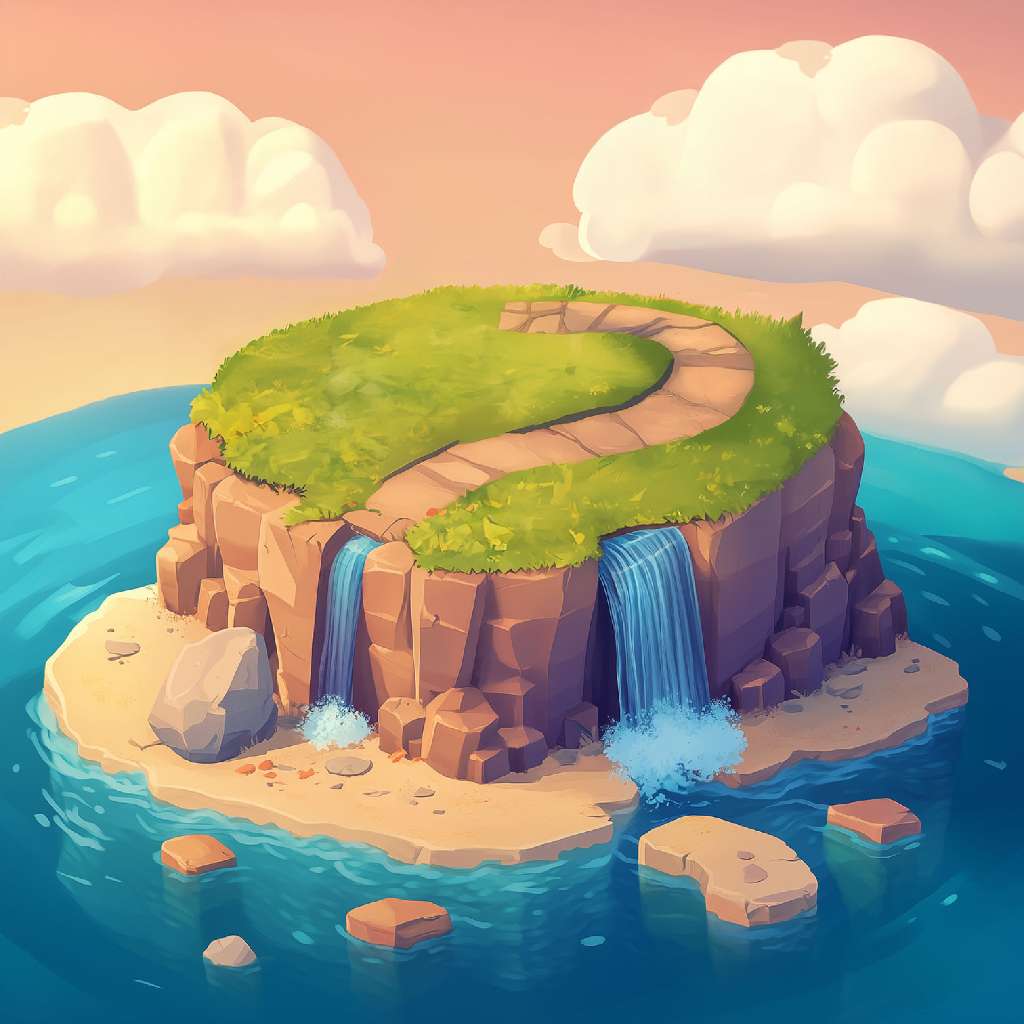 A cartoon island with a winding path and waterfalls surrounded by ocean