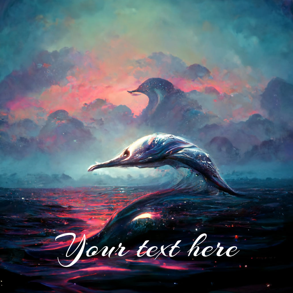 Two dolphins jumping out of the water against a colorful sunset sky.