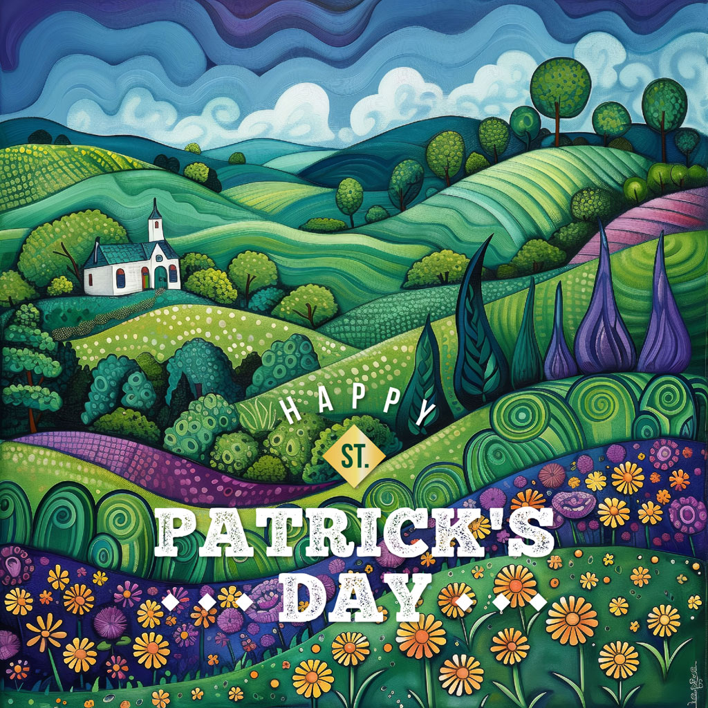 Colorful landscape with 'Happy St. Patrick's Day' text amidst flowers and rolling hills.