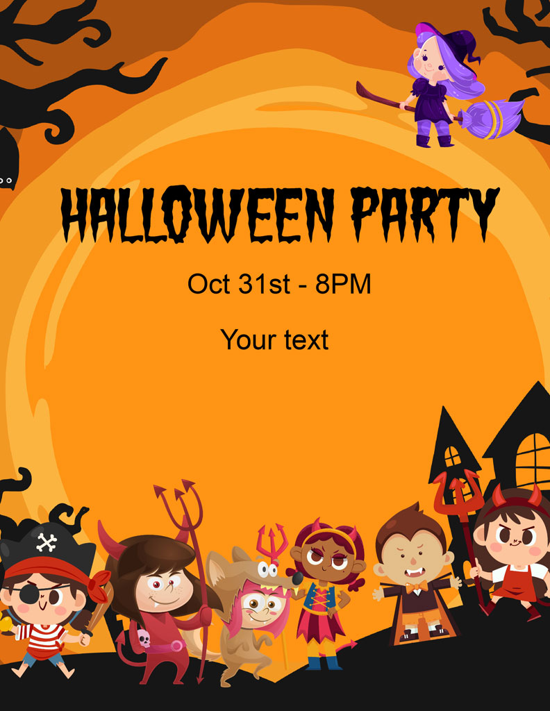 Halloween party invitation with cartoon kids in costumes