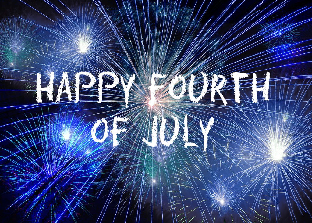 Blue fireworks with 'Happy Fourth of July' text