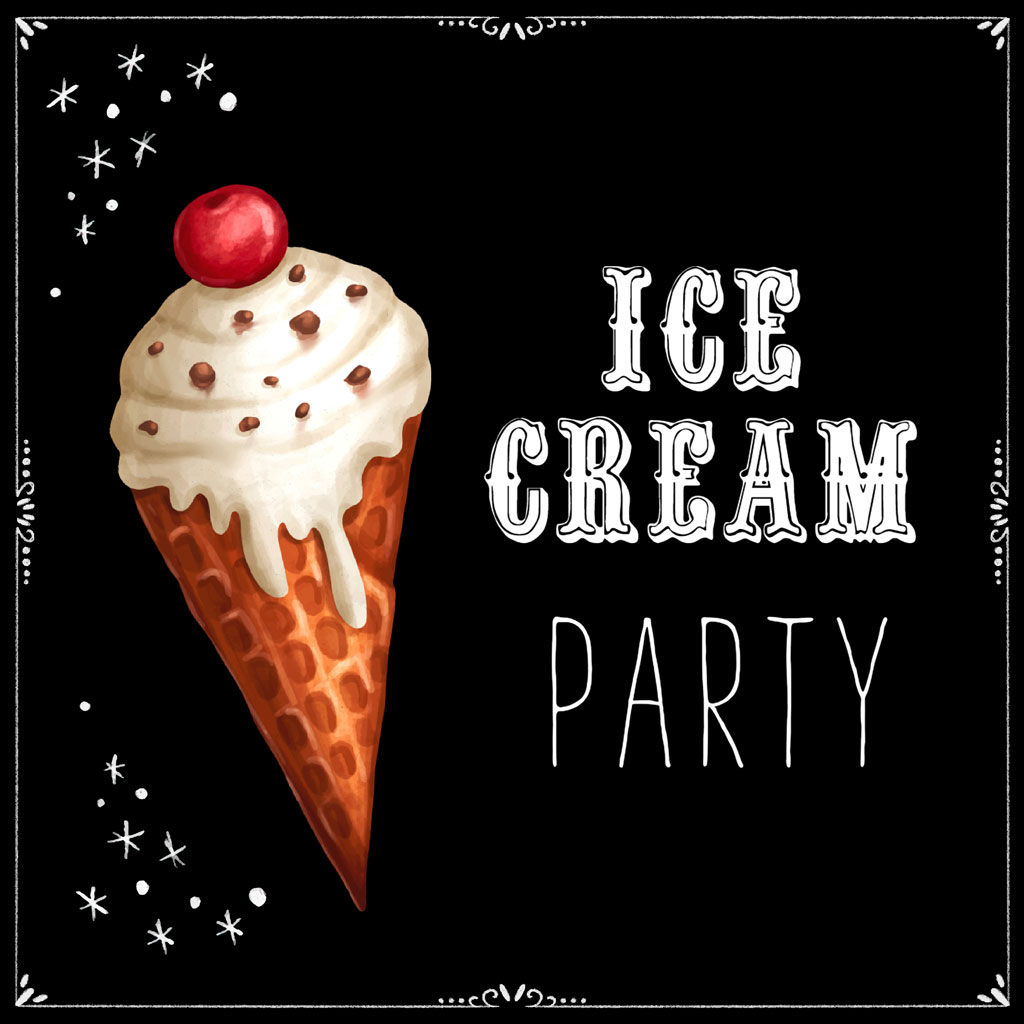 Ice cream party invitation with a waffle cone and cherry