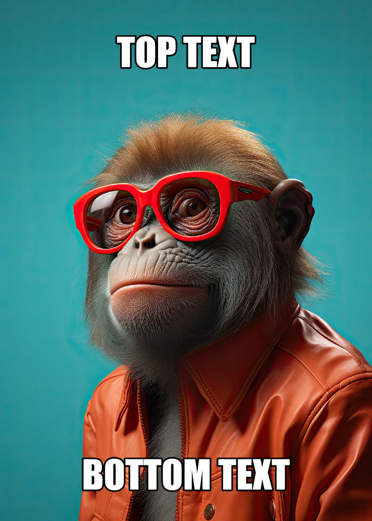 A monkey in red glasses and an orange jacket on a teal background.