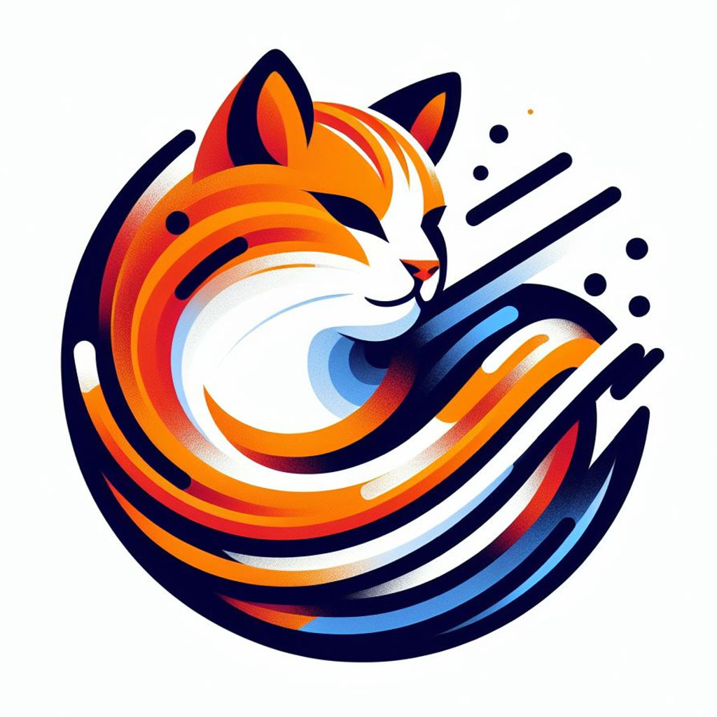Stylized white cat logo with blue and orange accents