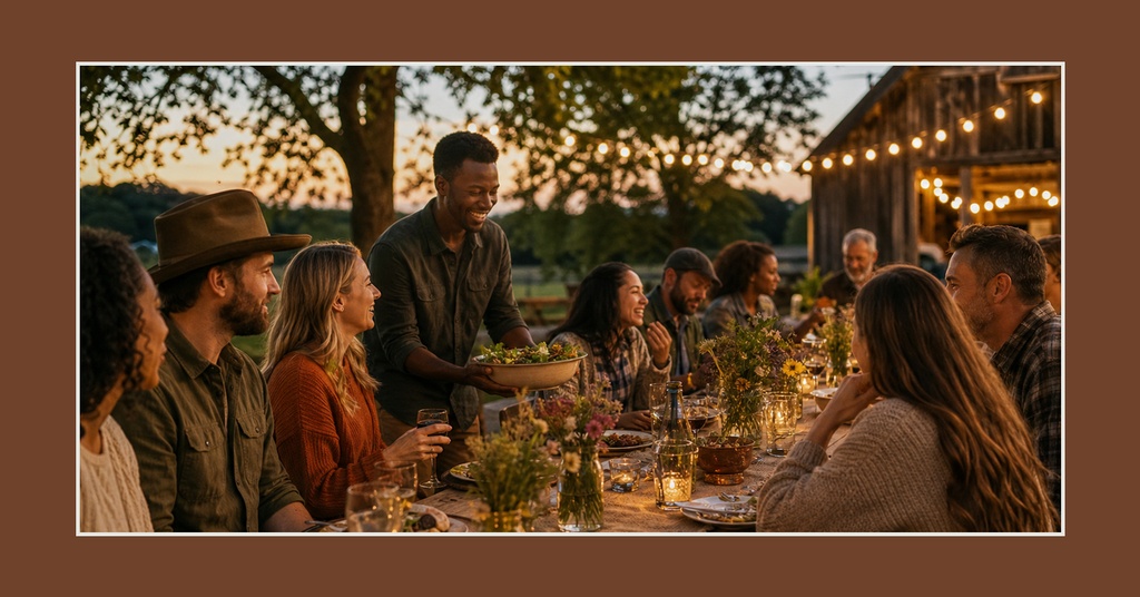 Friends gathered around a long outdoor dinner table at sunset with string lights overhead.