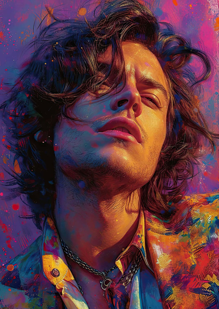 A man with a chain necklace in a colorful, artistic portrait.