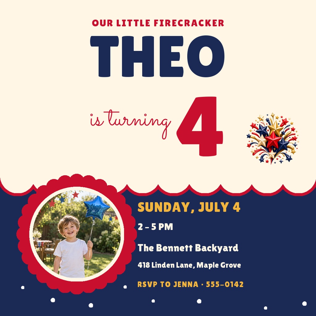 Preview for Firecracker Fourth Birthday Square Post Template