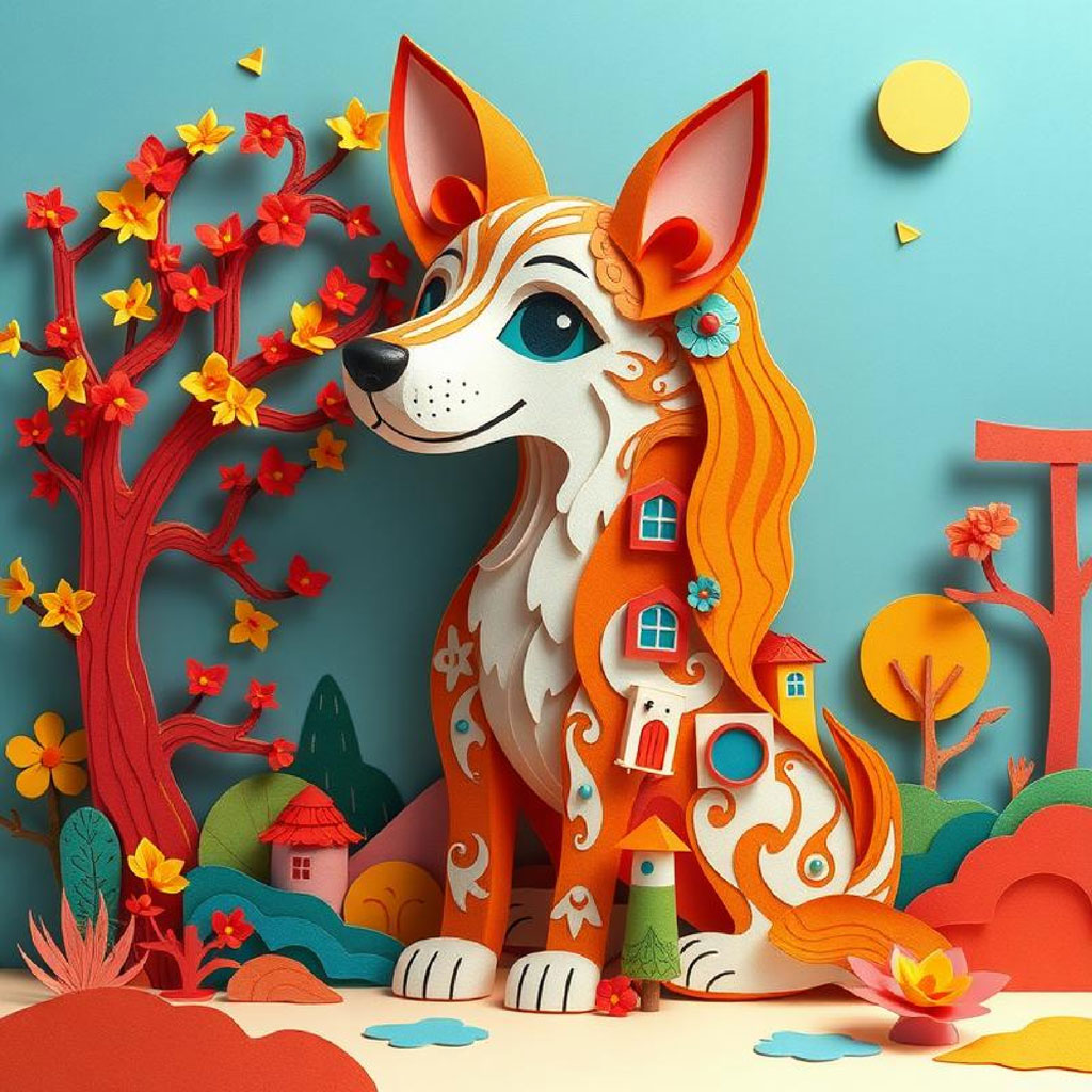 Colorful paper art of a fox with houses on its body amidst a vibrant landscape.