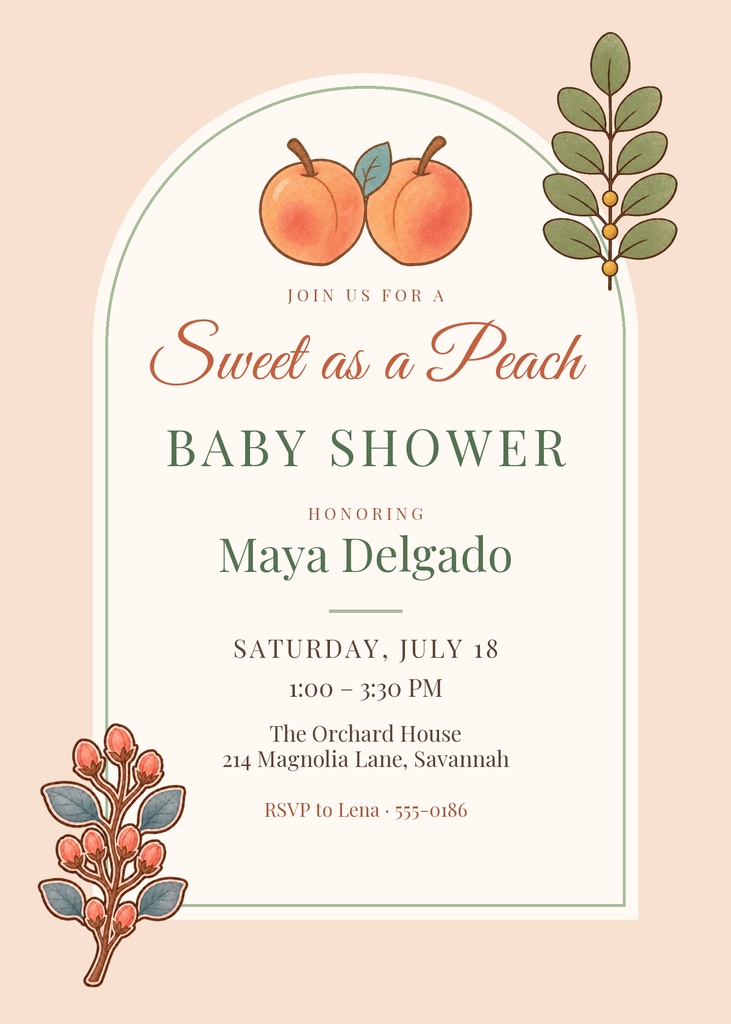 Preview for Sweet As A Peach Shower 5 × 7 Invitation Template