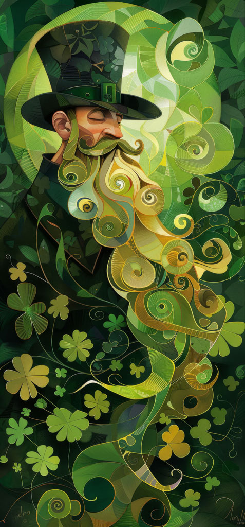 Illustration of a leprechaun with a long beard and top hat amidst shamrocks and green swirls