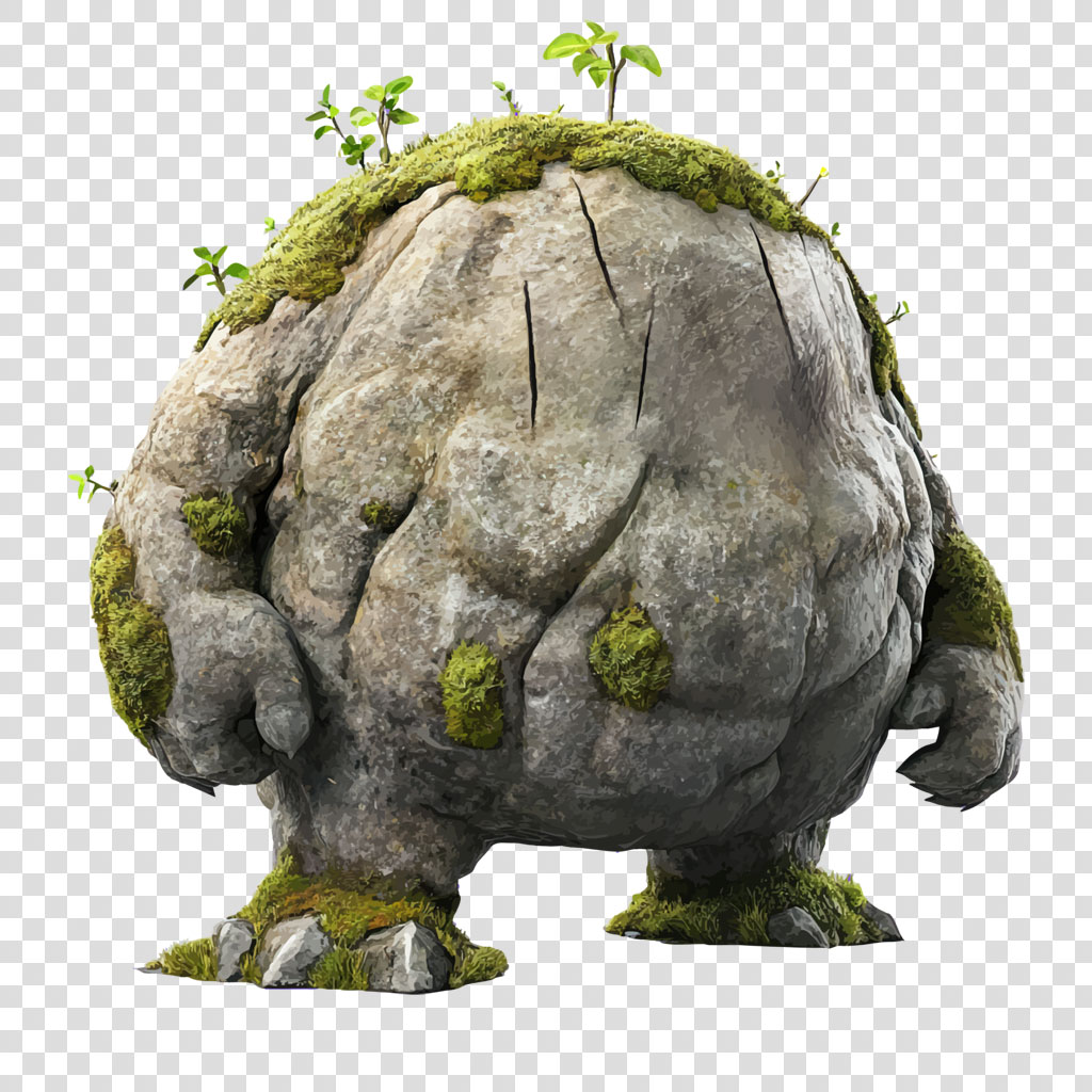 A large gray rock with moss and small plants growing on it