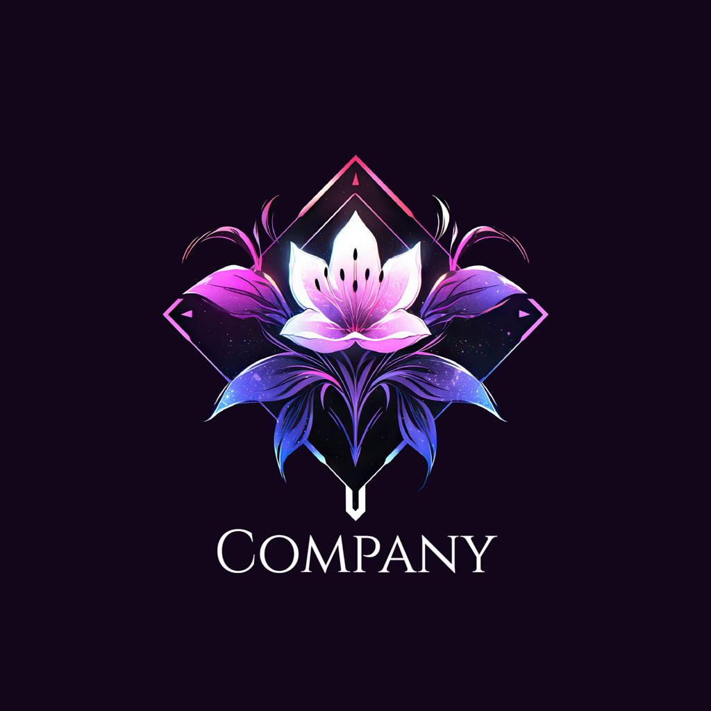 Stylized floral logo with pink and purple hues on a dark background
