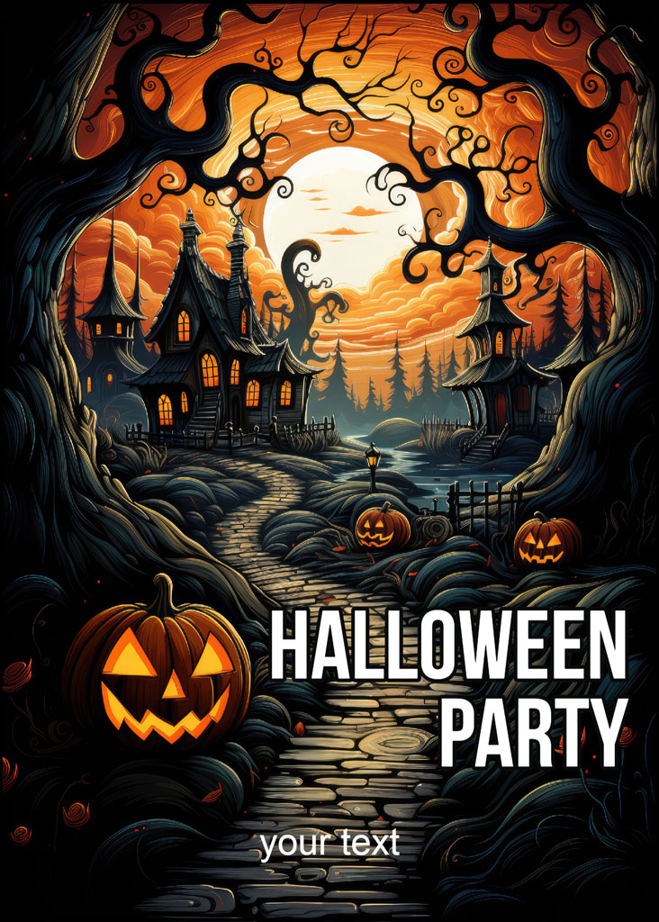 Halloween party invitation with a haunted house and jack-o'-lanterns