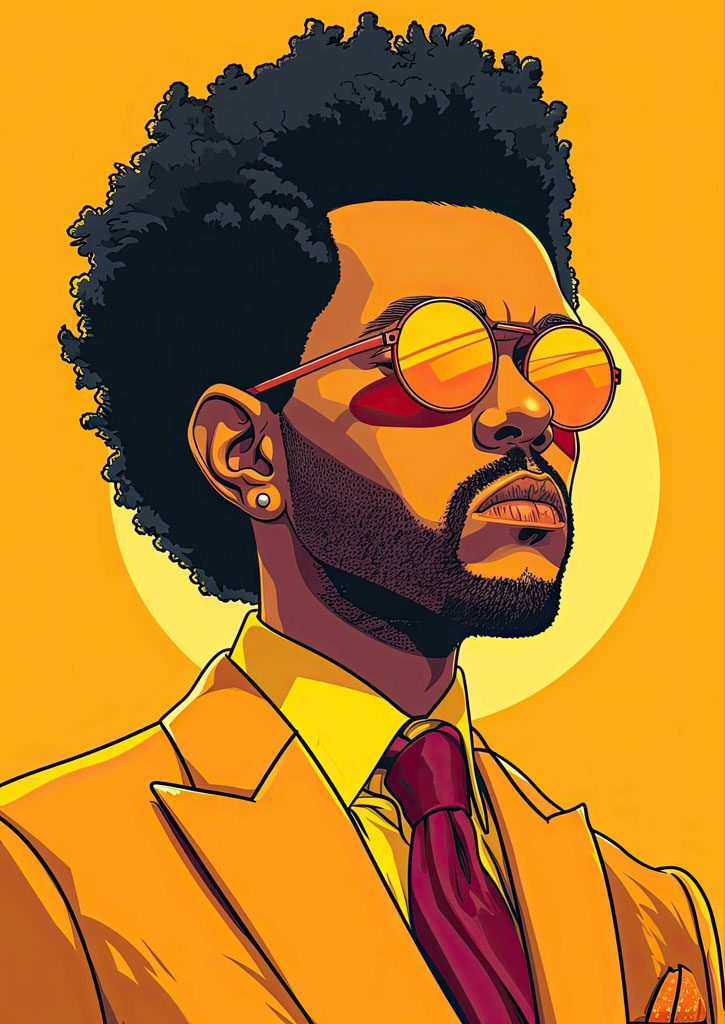 Illustration of a man with afro and sunglasses wearing a suit
