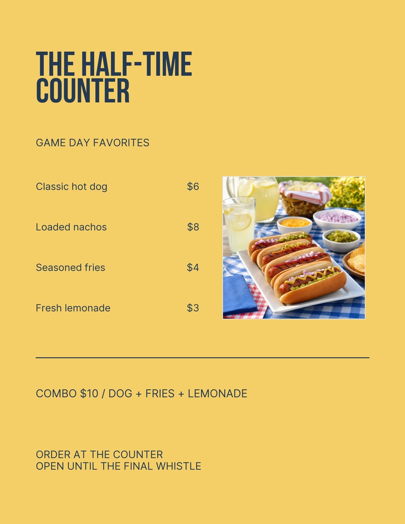 Preview for The Half-time Counter Letter Menu / Price List Template