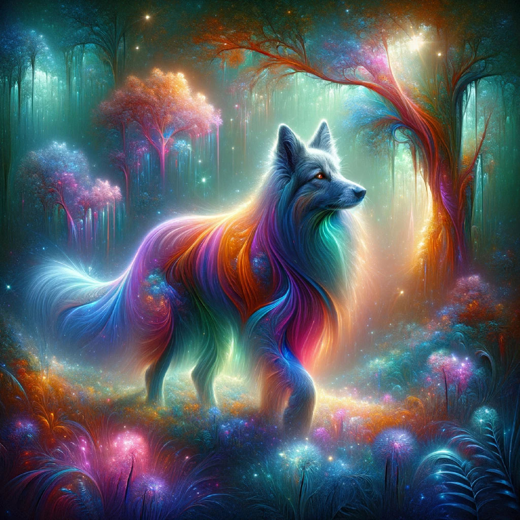 Illustration of a wolf with glowing star patterns on its fur sitting in a mystical forest.